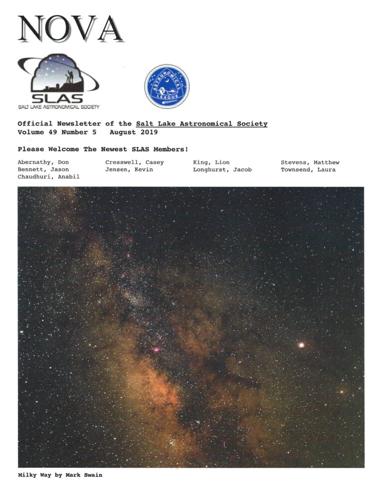 SLAS Newsletter cover with my Milky Way photo, 8-2019